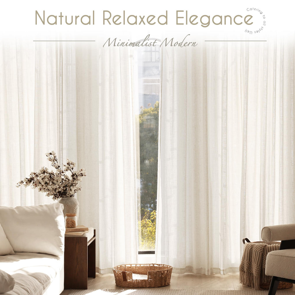 2 Panels Set Cream Linen Curtains 108 Inches Long Neutral Rustic Farmhouse Light Filtering Semi Sheer Linen Drapes