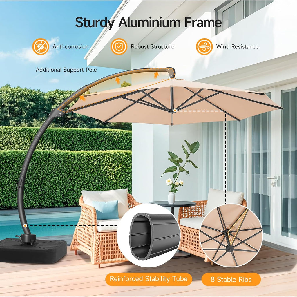 11 FT Outdoor Patio Umbrella with Base, Aluminium Curved Cantilever Umbrella