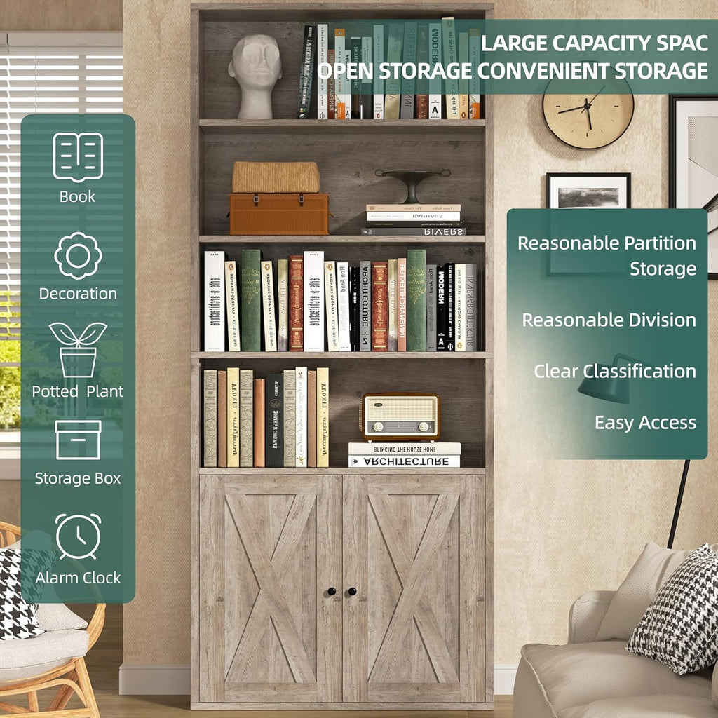 Bookshelf, Industrial Bookshelves and Bookcases with Doors Floor Standing 6 Shelf Display Storage Shelves 70.6 inches