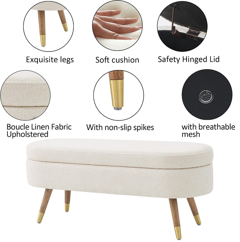 Oval Storage Bench 43.5" Ottoman Bench Upholstered Boucle Fabric Footrest Bench with Golden Metal Legs End of Bed