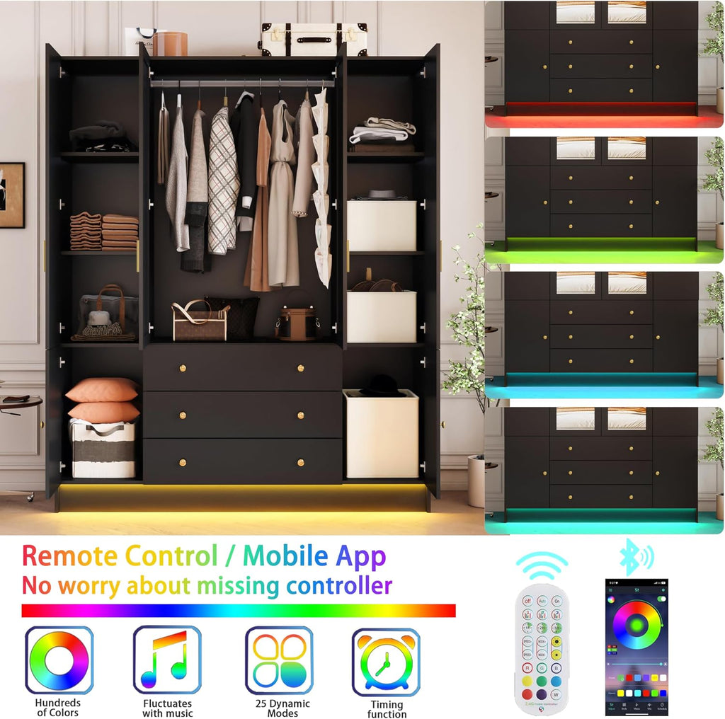 4 Doors LED Armoire Wardrobe Closet with Mirror, 75" Tall Modern Wooden Wardrobe Closet with 3 Drawers, Freestanding