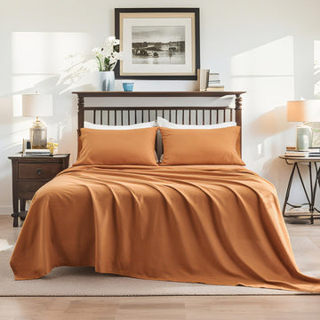 Flax Linen Sheet Set, 4PCS Natural Linen Cotton Bed Sheet with 1 Flat Sheet, 1 Fitted Sheet & 2