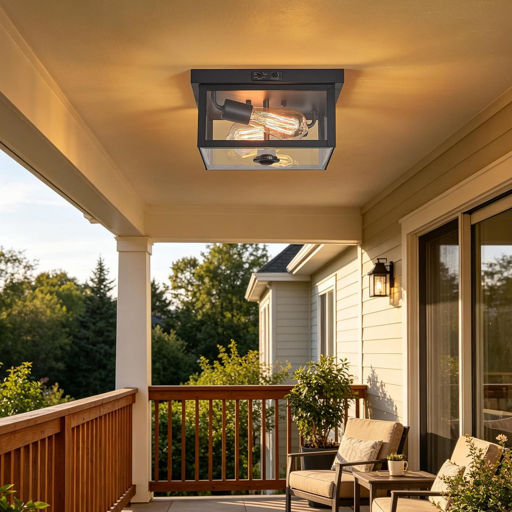 Adjustable Motion Sensor Ceiling Light Fixture Outdoor Modern Design of Squares Flush Mount 2-Light Textured Black