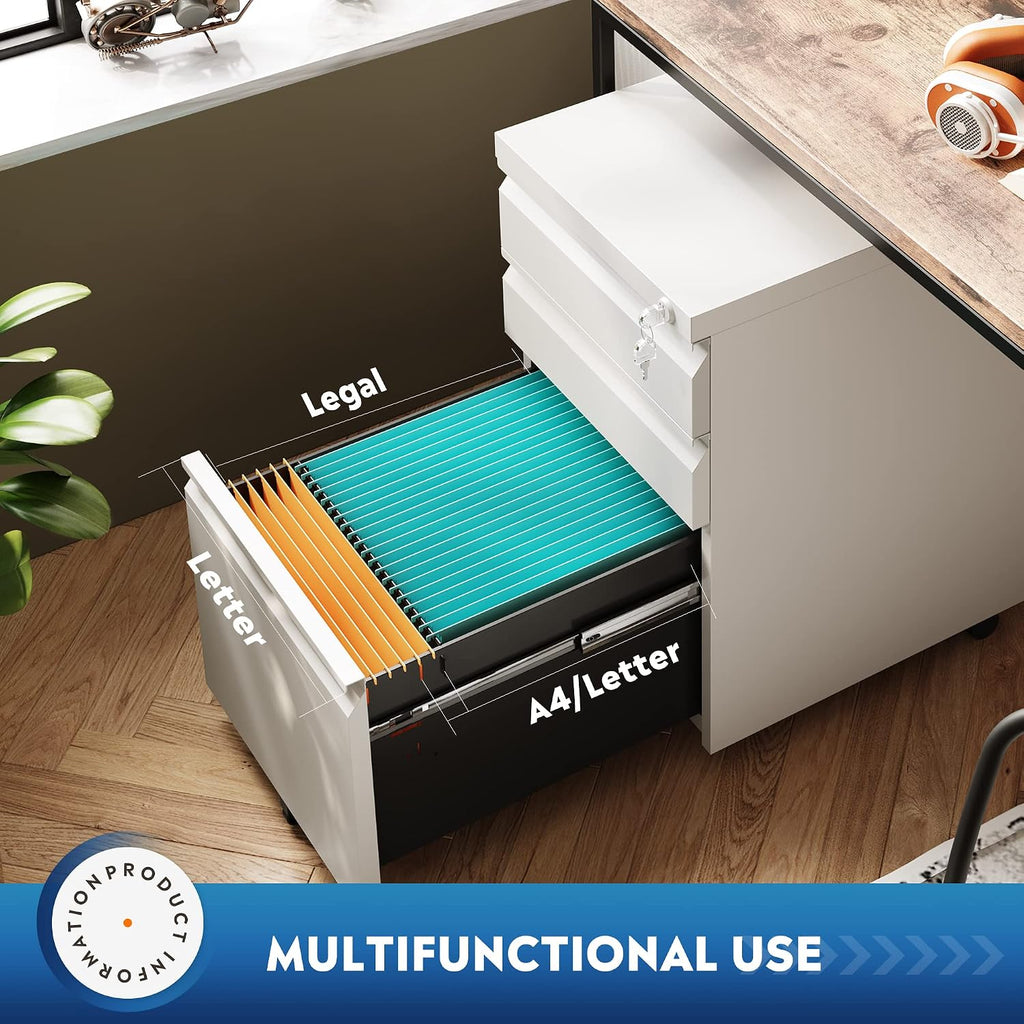 3 Drawer Mobile File Cabinet with Lock, Under Desk Metal Filing Cabinet /Legal/Letter/A4 File, Fully Assembled Except