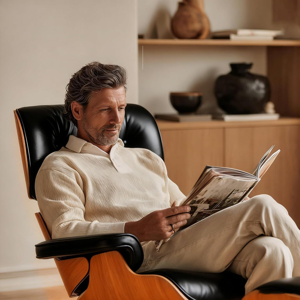 Modern Reading Chair and Ottoman — Walnut Leather