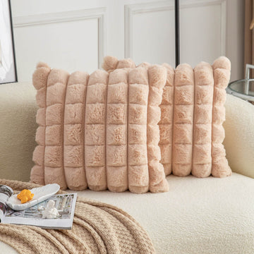 Camel Faux Fur Cozy Soft Plaid Decorative Throw Pillow Covers 16x16 inch Set of 2, Velvet Pillowcase Cushion Case for