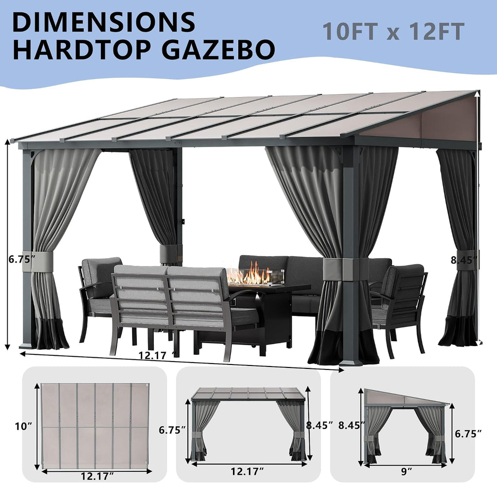10x12FT Gazebo, Hardtop Wall Mounted Gazebo with Sloping Sun Panel Roof, Awnings with Metal Frame, Double Curtains Sand