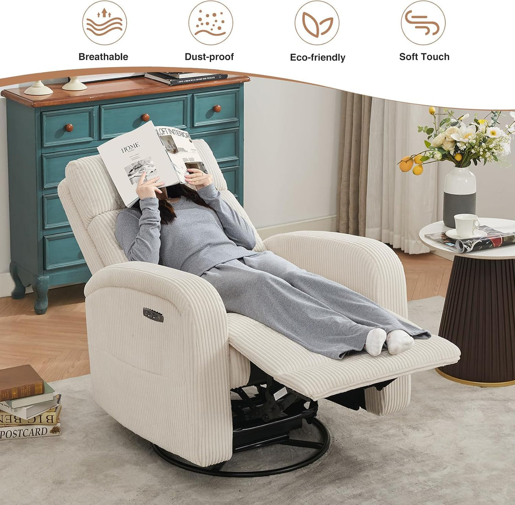 Power Swivel Rocker Recliner,reclining rocking chair,CreamWhite | 270° Swivel Rocker with Type-C & USB Port Double