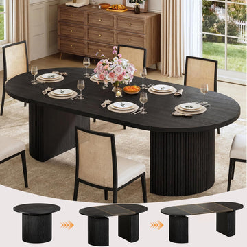 Extendable Round Dining Table for 4-8, 39in-77in Long Large Kitchen Table with Fluted Base, Space Saving Modern