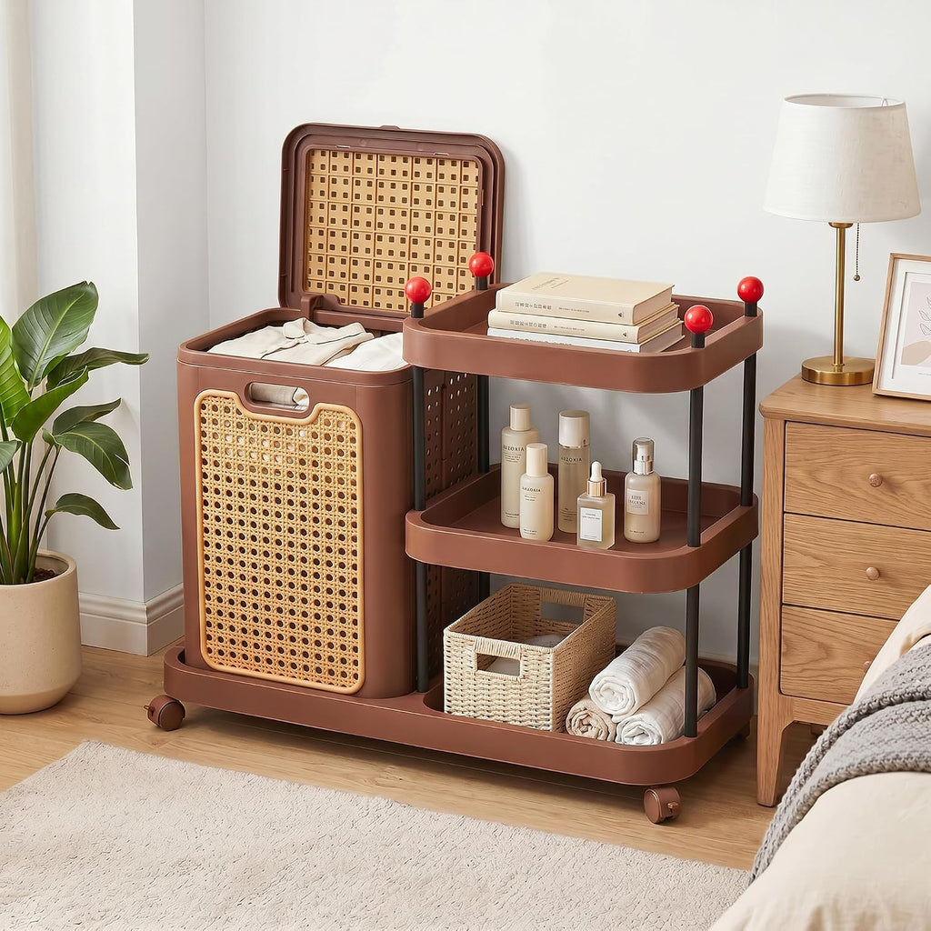 Rattan-Style Rolling Laundry Hamper Cart, 3-Tier Storage Shelf with Wheels, Foldable Plastic Laundry Basket with Lid