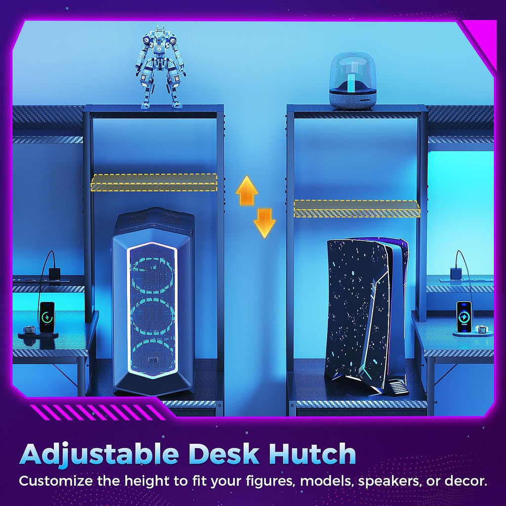 48 Inch Gaming Desk with Shelves & Hutch & 3 Drawers & LED Light | Reversible PC Desk with Tower Stand & Power