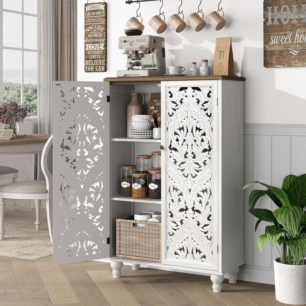 47" Tall Accent Cabinet with Carved Doors & Storage | Vertical Storage, Carved Floral Design, Mandala White Buffet