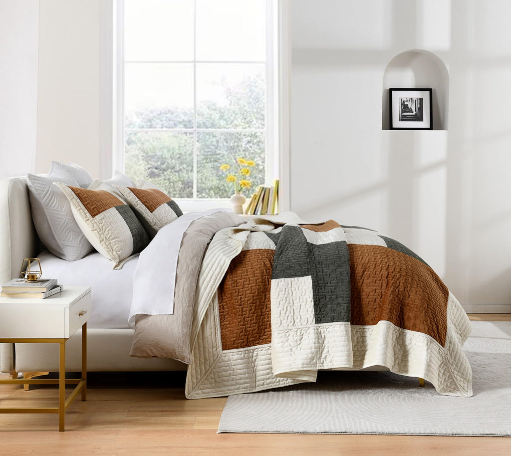 Velvet Quilt Set, Luxury Patchwork Design, Green Caramel
