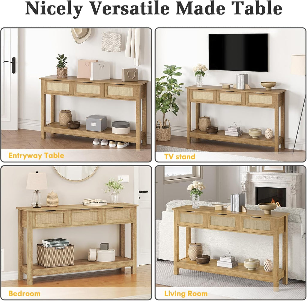 Rattan Console Table 3-Drawer 47" Narrow Wood Entryway Sofa Table | Trendy Boho Hallway Foyer Storage, Open Shelf