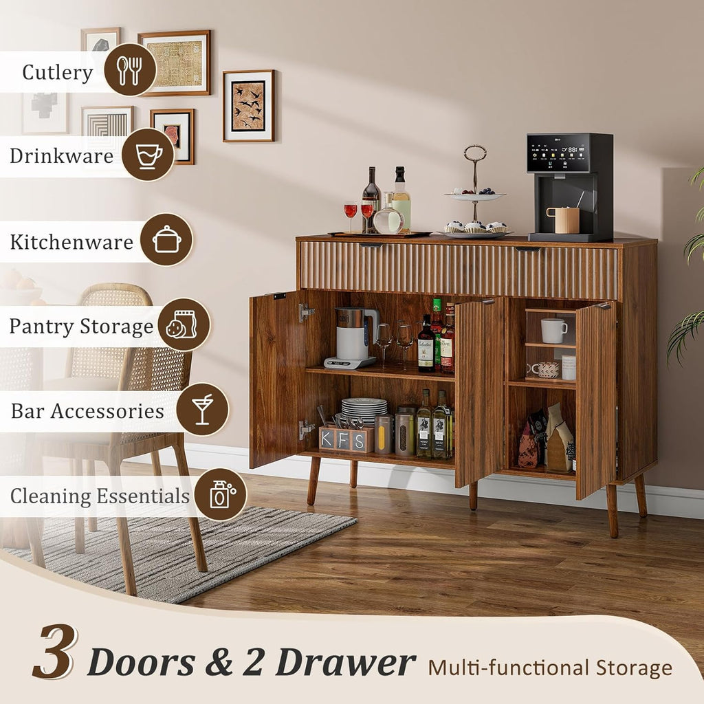 Fluted Sideboard Buffet Cabinet with Storage,2 Drawers and 3 Doors,Wood Coffee Bar Cabinet with Solid Wood Feet