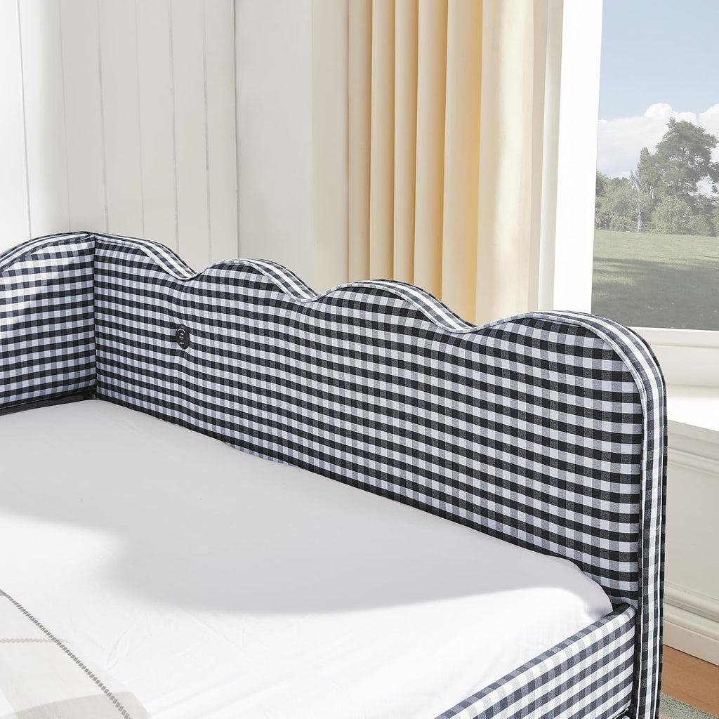 Full Size Upholstery Daybed with Trundle and USB, Full to King Design Adorable Wave Shaped Extendable Linen Sofa Bed