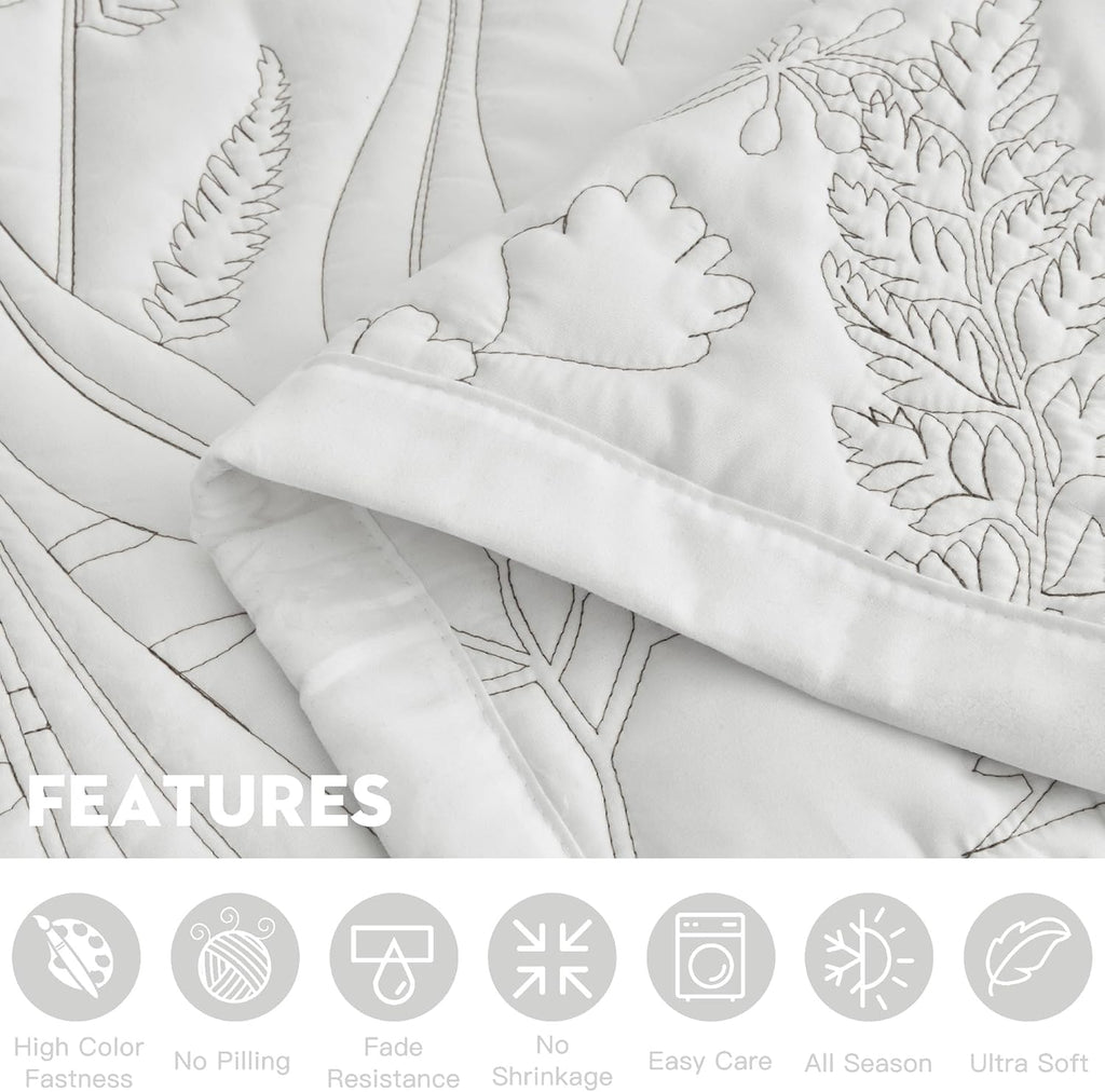Botanical Oversized King Bedspread, Stitched Leaf Quilt Set King/Cal King, Lightweight Reversible Coverlet, Tailored