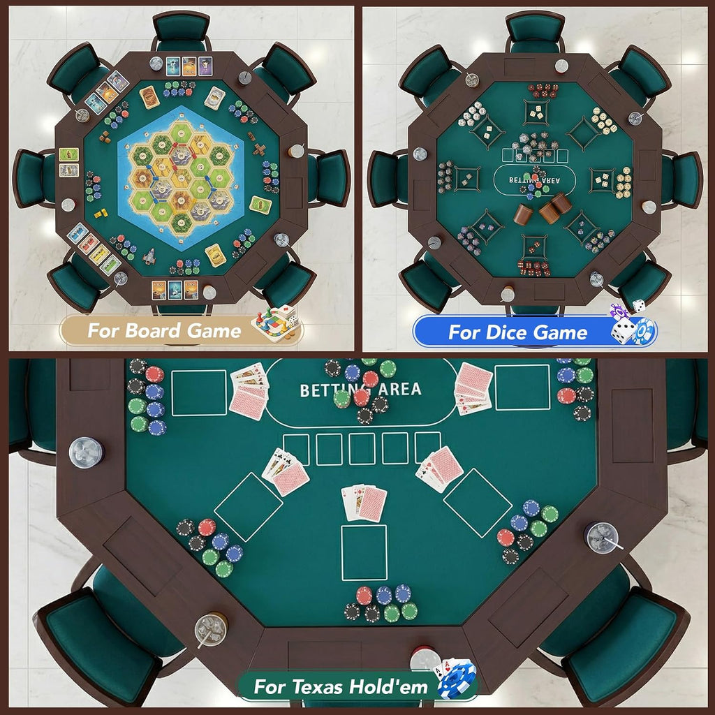 Solid Wood Poker Table, 60 Inch 8-Player Casino Style Game Table with Built-in Cup Holders & Felt Playing