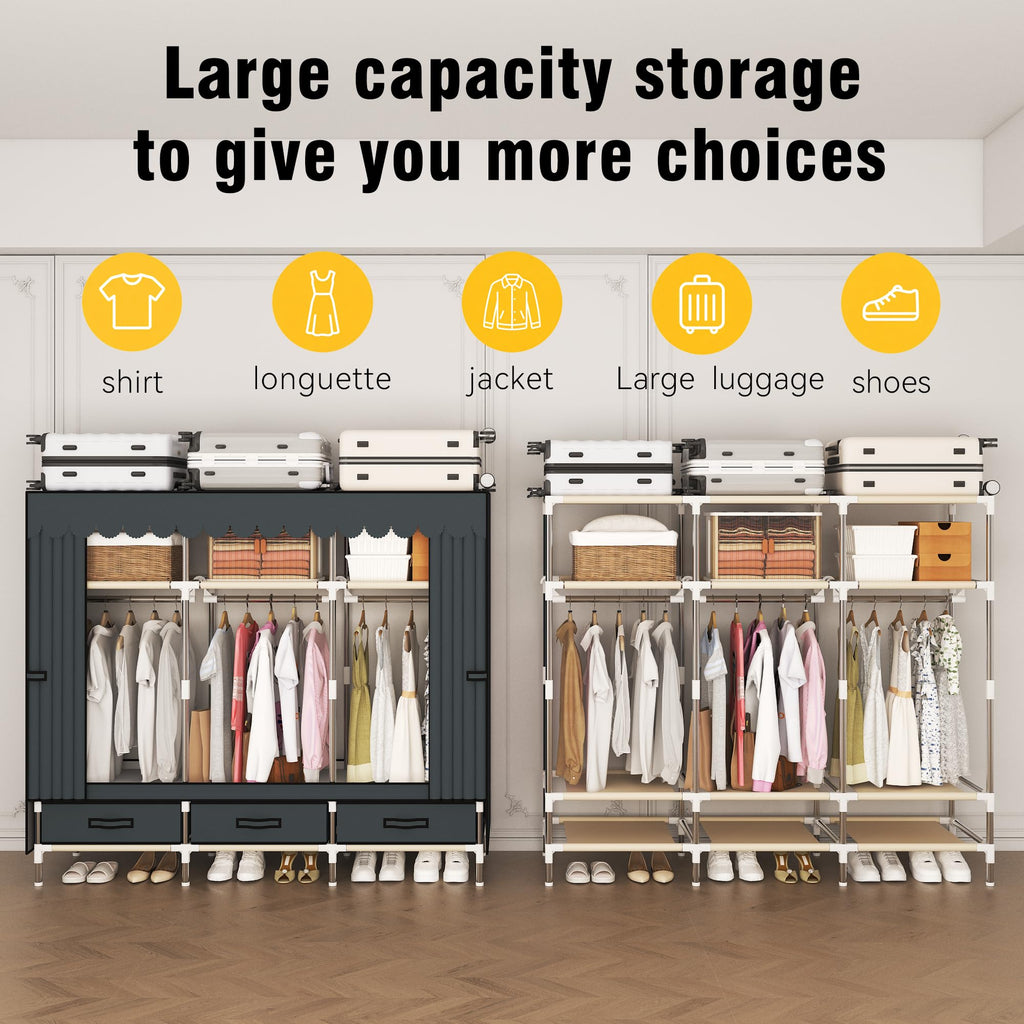 Portable Closet Wardrobe with 3 Storage compartments,3 Hanging Rods and 3 Drawers itory.