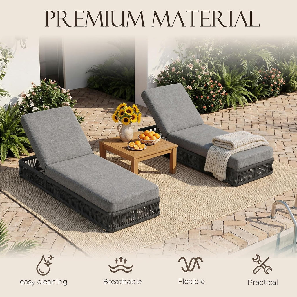 Outdoor Chaise Lounge Chairs Set of 2, 6 Adjustable Backrest Patio Lounge Chair, Woven Wicker Rope Patio Recliner