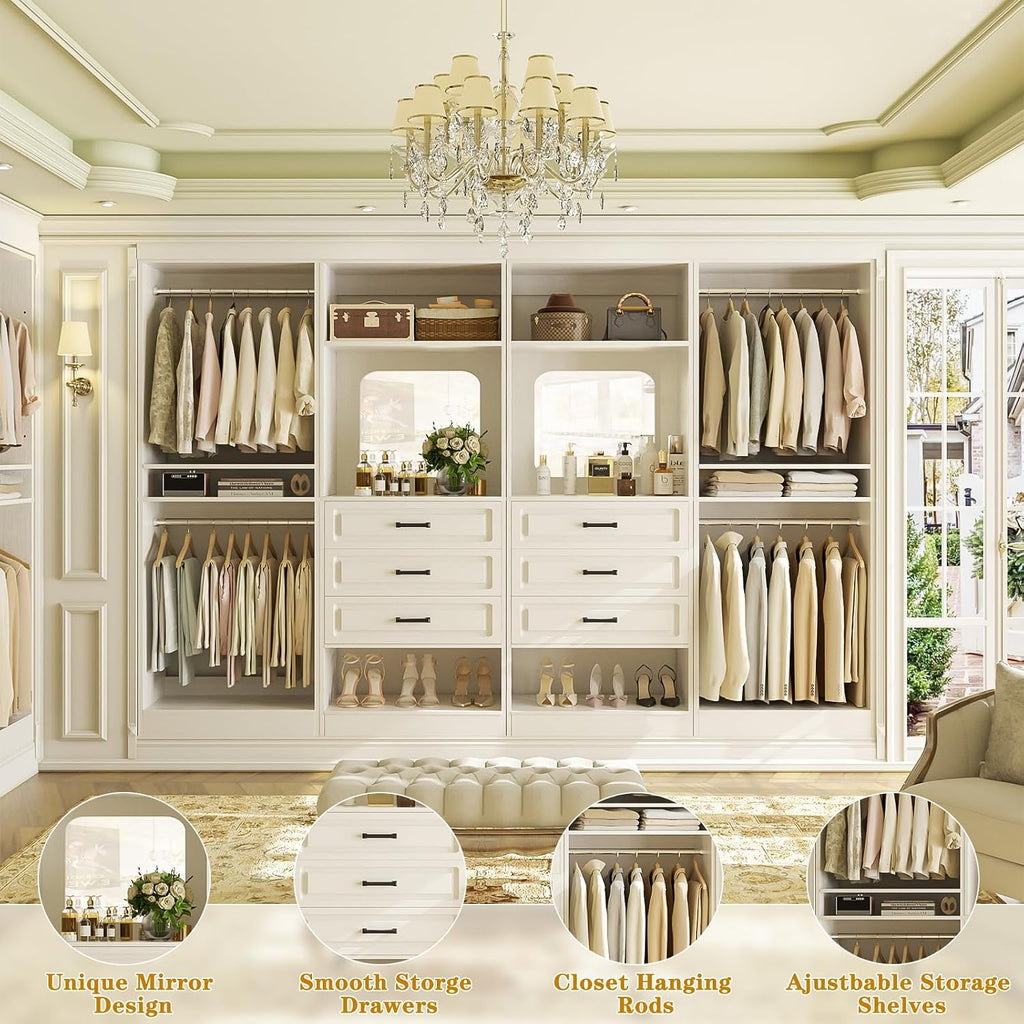 100" Wood Closet System with Drawers and Mirror, White | Large walk in wardrobe organizer with hanging rods and