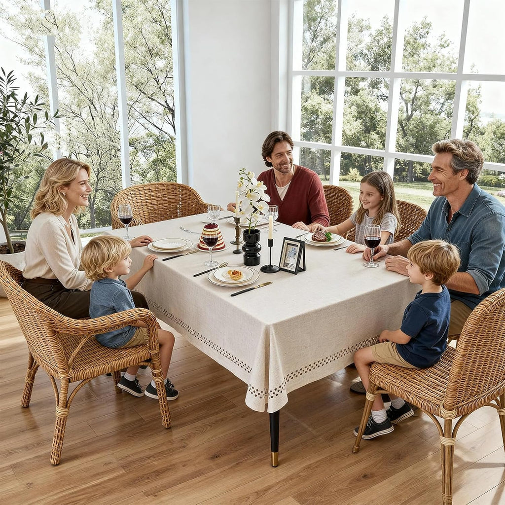 Natural Tablecloth, Rectangle Tablecloth with Decorative Cutouts, Stain Resistant & Wrinkle Free Tab