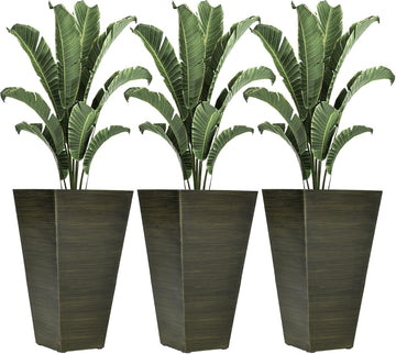 Outdoor Planters,Set of 3 Taper Planters with Drainage Holes and Plug,Faux Wood Flower Pots for