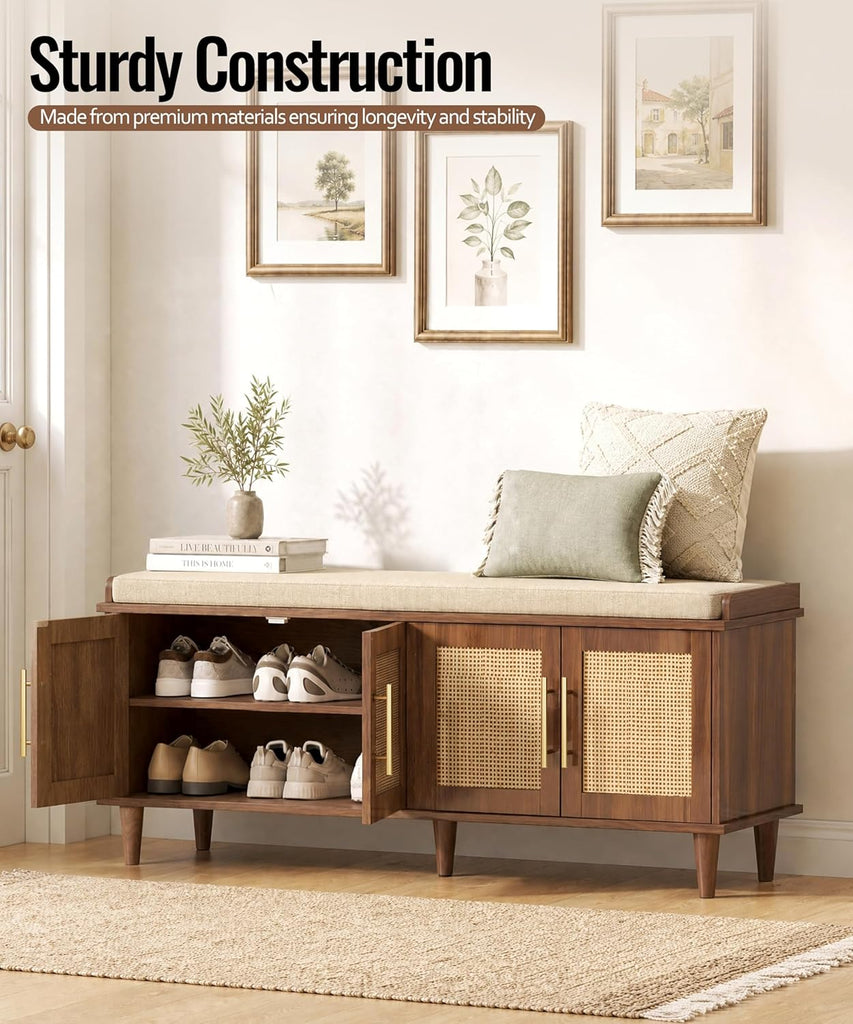 Rattan Shoe Storage Bench with Cushion, 2-Tier Entryway Bench with Adjustable Shelves and 4 Doors, 15" D x 47.2" W x