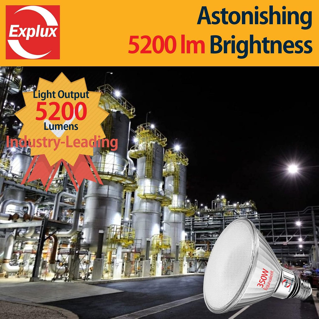 350 Watt Equivalent PAR38 LED Flood Light Bulb, Ultra Bright 5200 Lumens, Non-Dimmable, Full-Glass Outdoor Waterproof