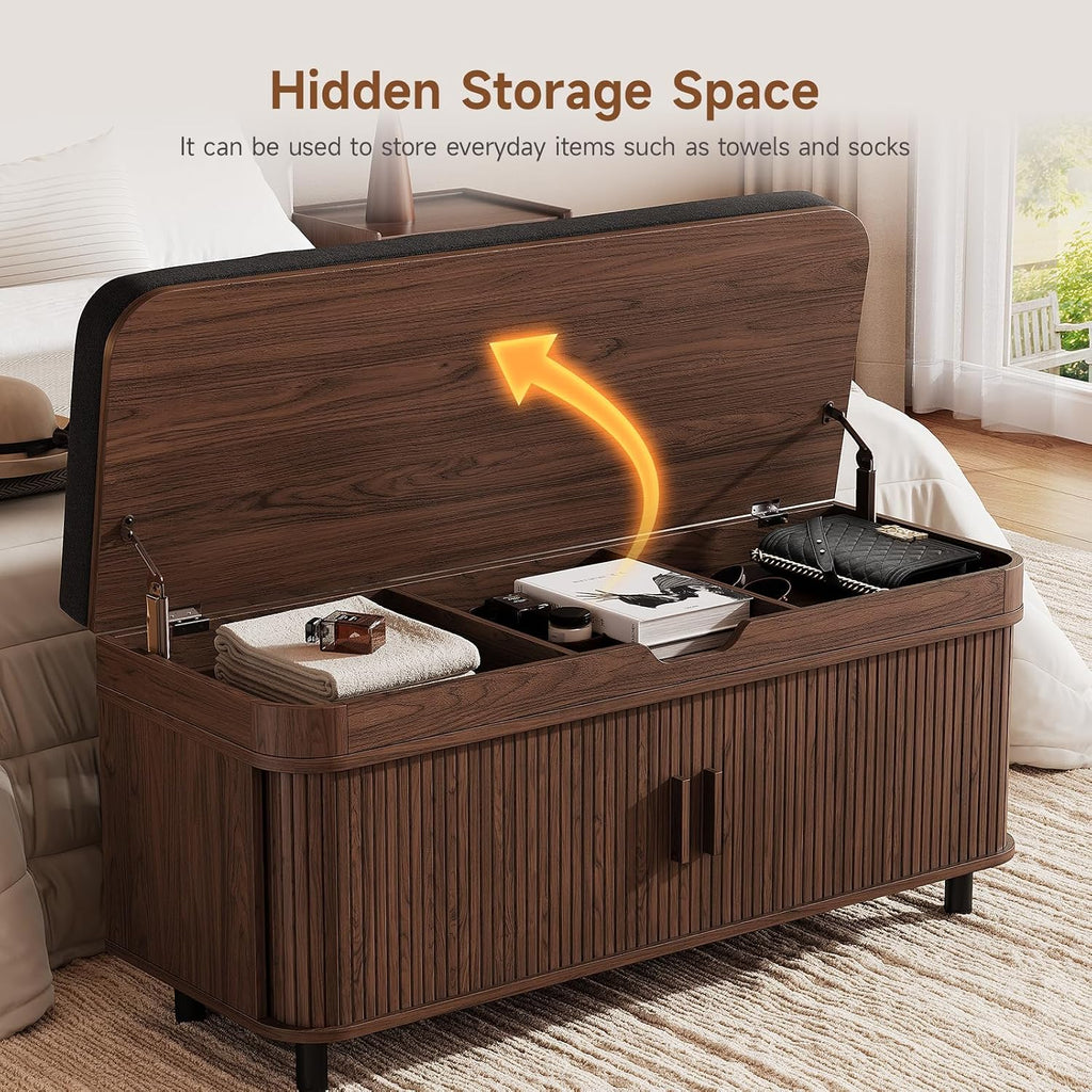 43.3" Shoe Storage Bench with Lift Top Storage, Entryway Bench with Storage&Cushion, Fluted Shoe Bench with Sliding