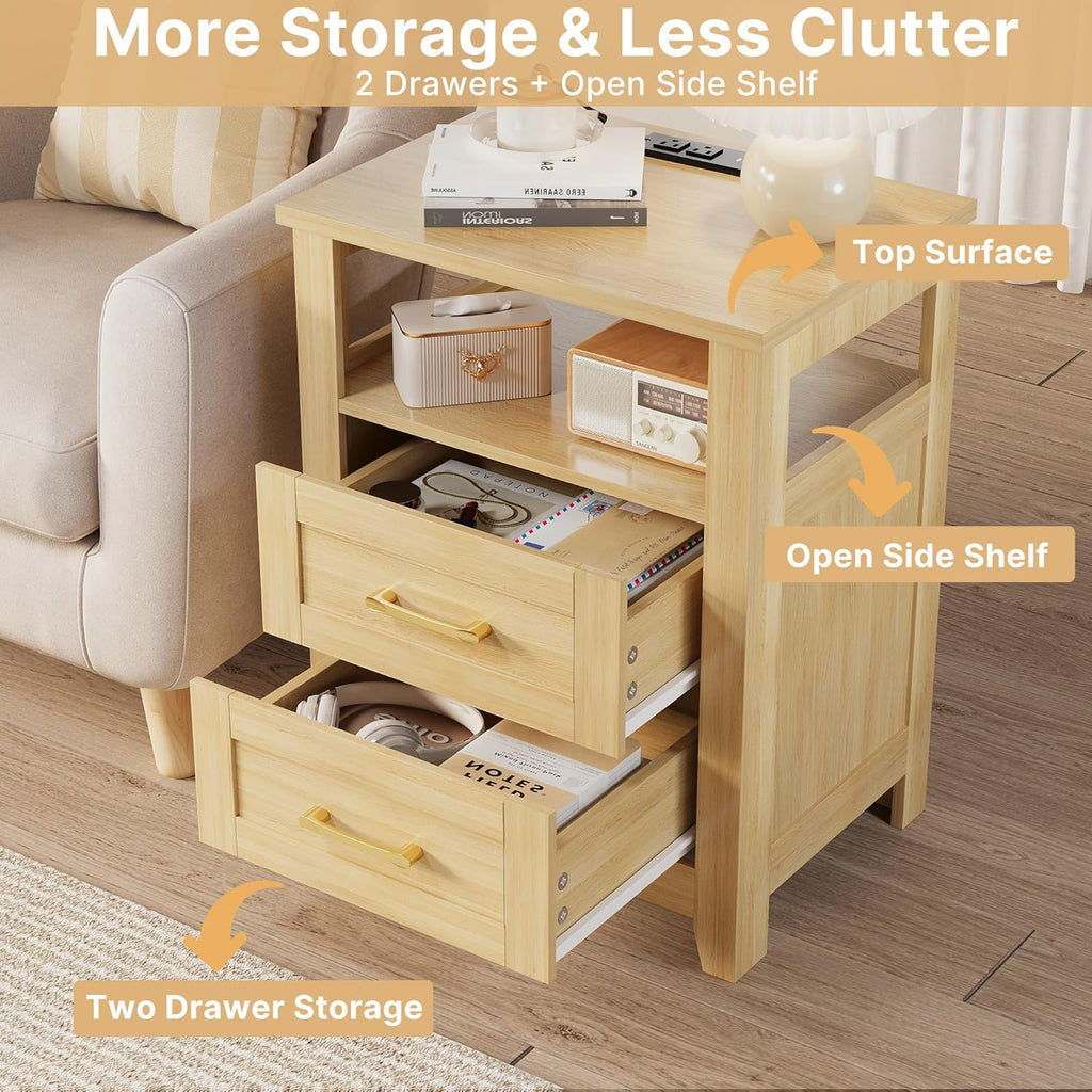 Farmhouse Nightstand with Charging Station, Modern End Tables with 2 Drawers & Open Shelf, Outlets, USB Ports and