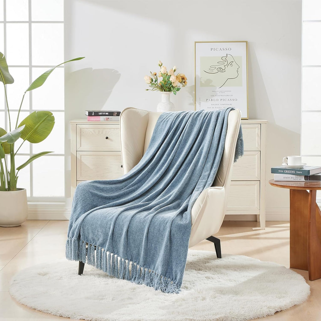 Chenille Throw Blanket, Cozy Plush Fuzzy Decorative Dusty Blue Blanket with Fringe Tassels, Lightweight Throws, 50"X60"