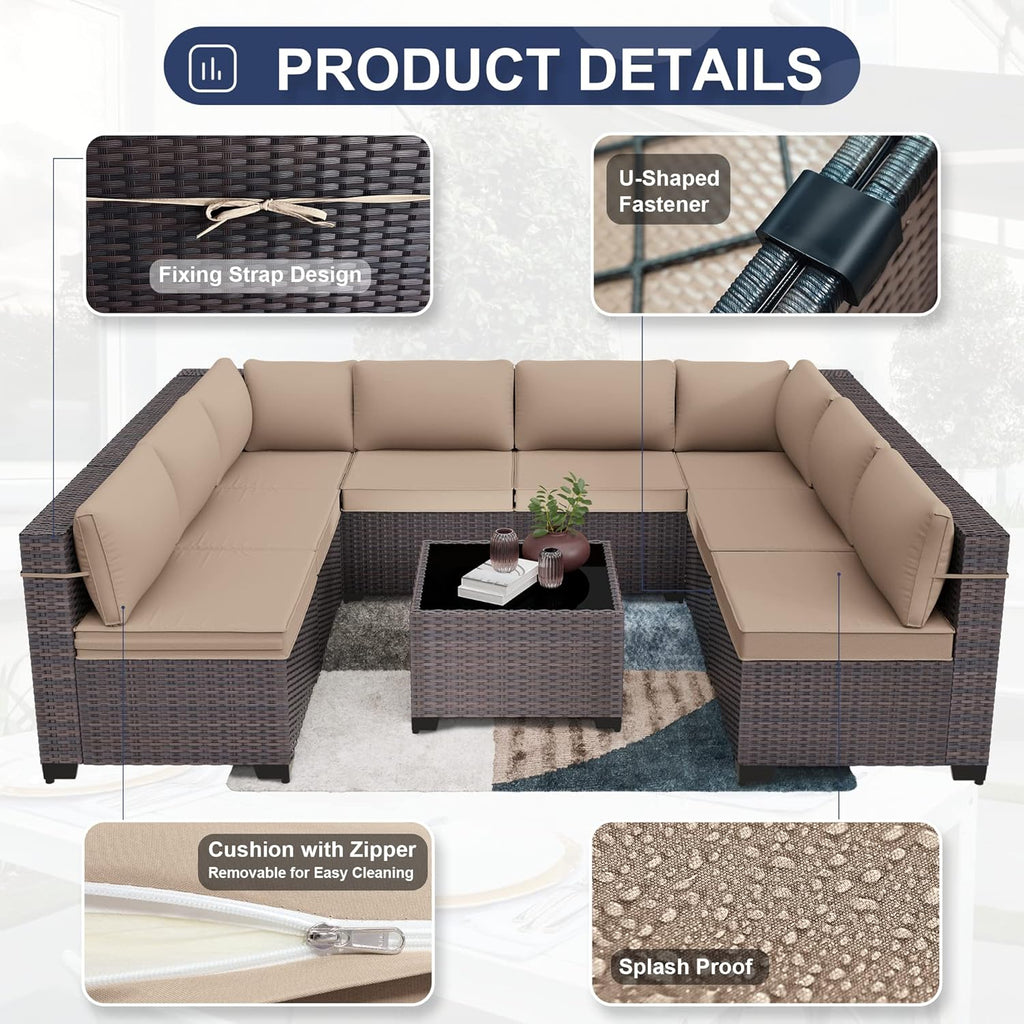 9 Pieces Patio Furniture Set, Rattan Wicker Outdoor Conversation Sets w/4 Inch Cushion and Glass Coffee