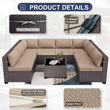 9 Pieces Patio Furniture Set, Rattan Wicker Outdoor Conversation Sets w/4 Inch Cushion and Glass Coffee