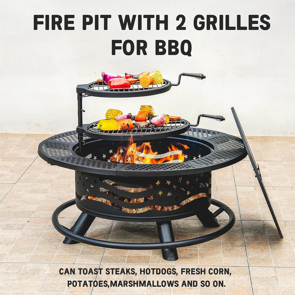 36 Inch Fire Pit with 2 Cooking Grates, Wood Burning BBQ Grill Firepit Bowl with Cover Lid, Steel Round Table - Black