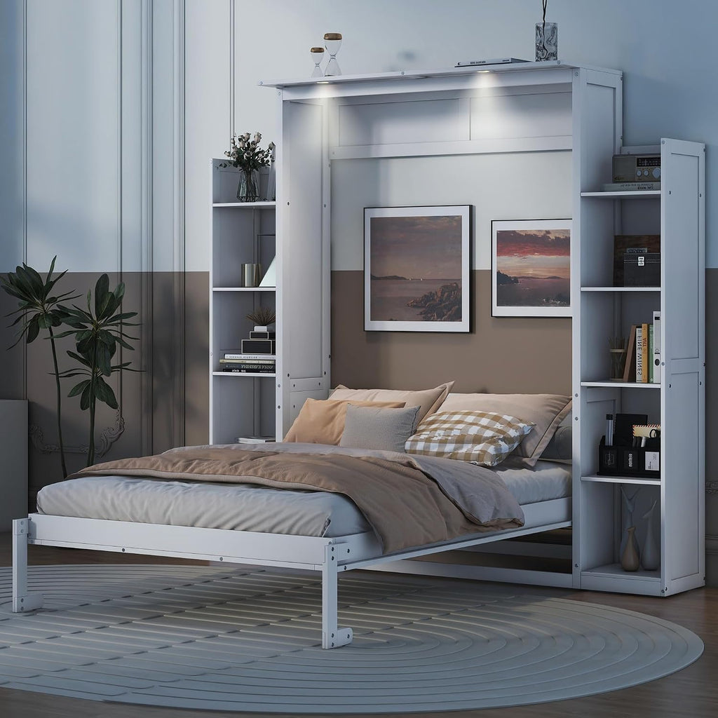 Full Murphy Bed, Wooden Full Murphy Wall Bed with Shelves and LED Lights, White