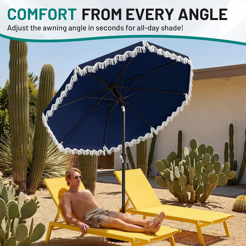 9ft Patio Umbrella with Fringe Tassels, Wind-Resistant Fiberglass Ribs - Navy