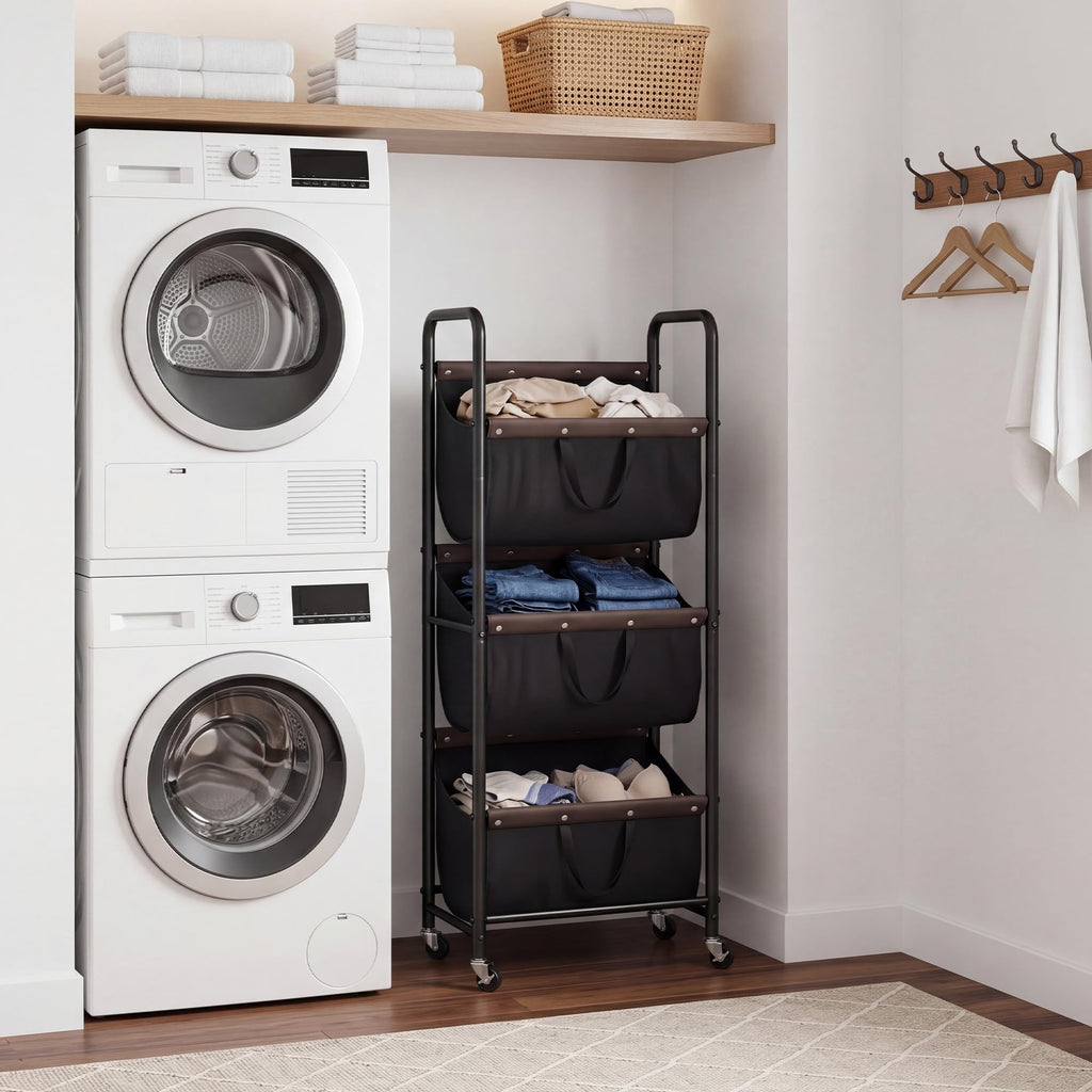 3 Tiered Laundry Sorter, Narrow Hamper Cart with Wheels