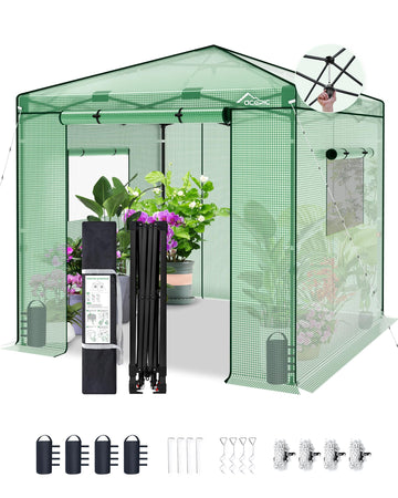 8x8 Instant Pop up Greenhouses, Walk-in Greenhouse, Green/Clear