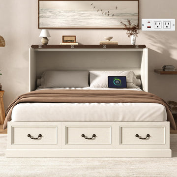Full Murphy Bed with Storage Drawers, Farmhouse Folding Bed Chest with Charging Station, Hideaway Beds with Foldable
