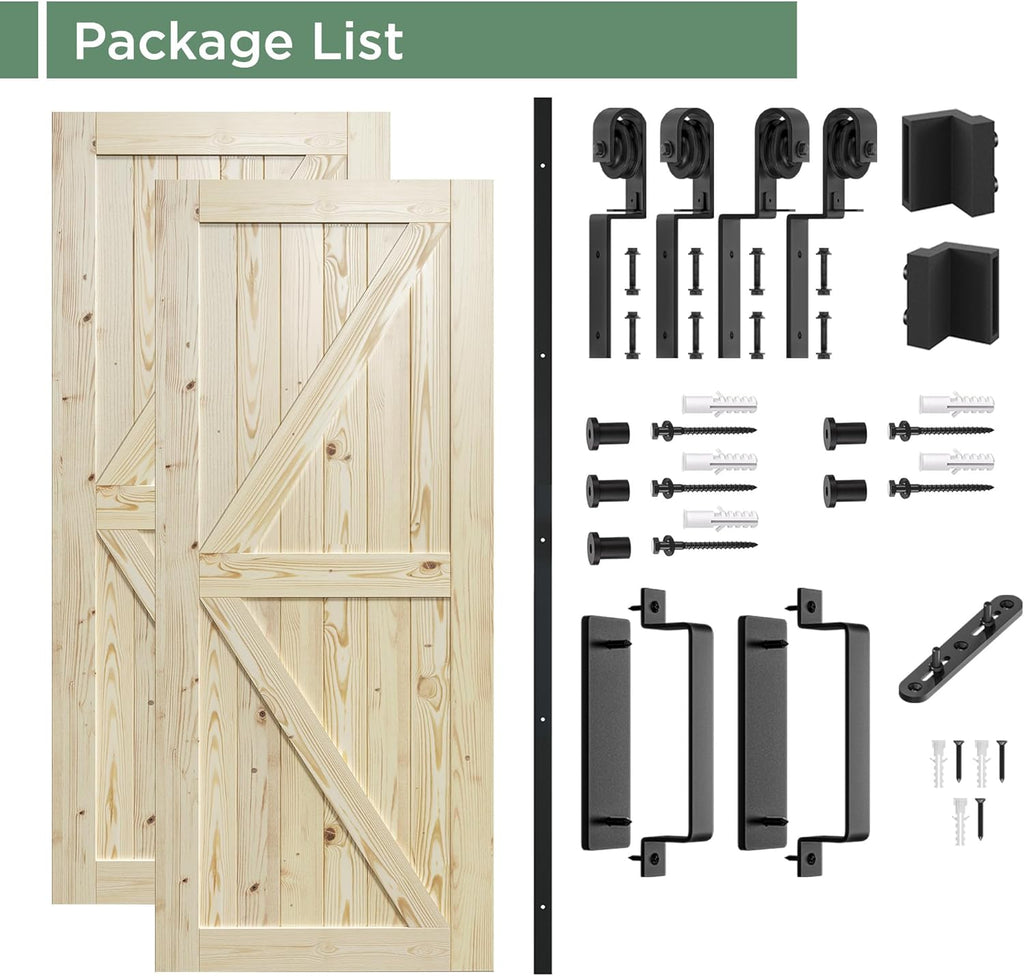 Double 30x80 in Door, for 51"x80" Opening, Solid Wood Panelled Bypass Barn Door with Sliding Hardwar