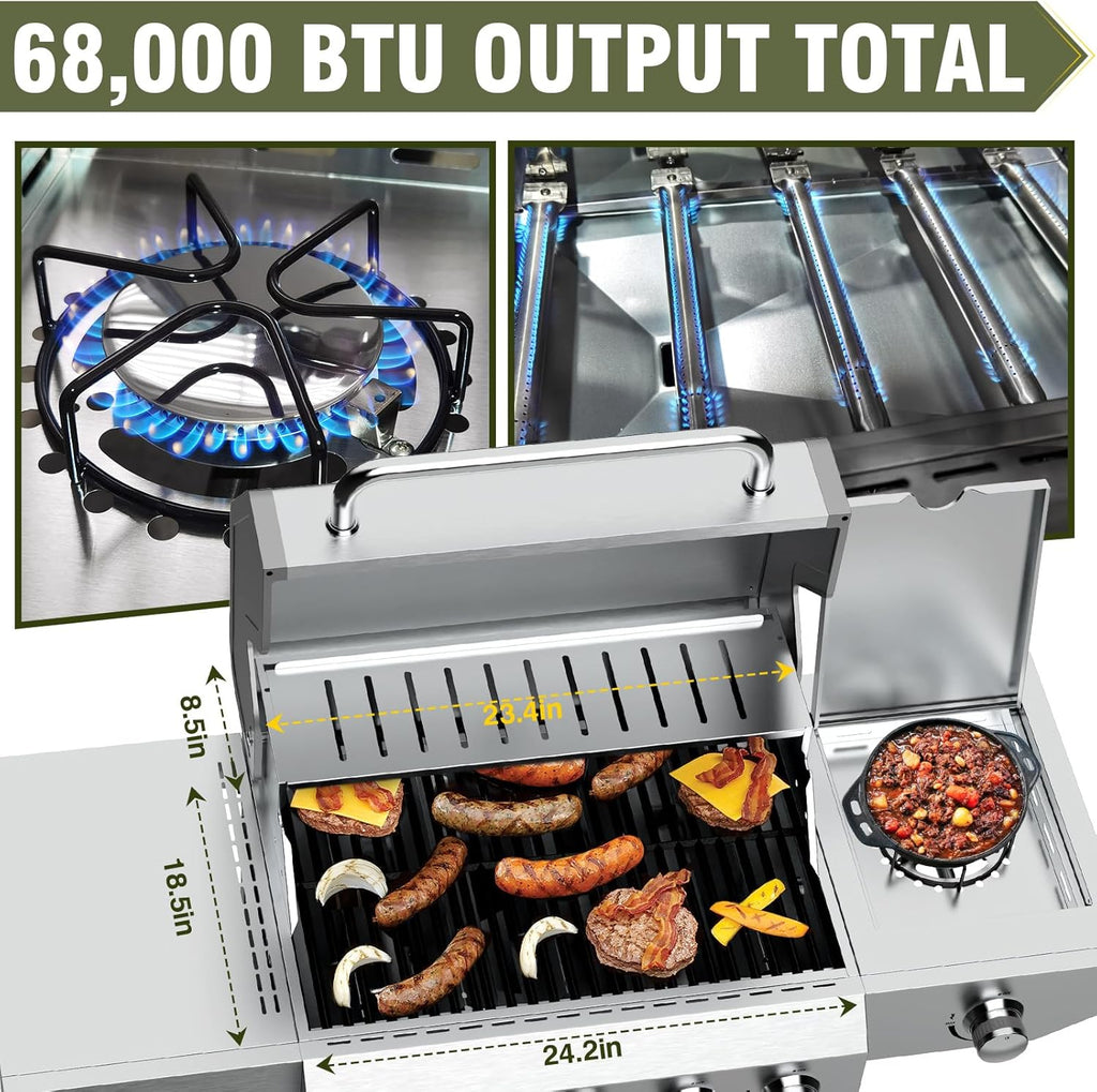 5+1 Burner Propane Gas Grill, 68,000 BTU Stainless Steel BBQ with Cast Iron Grates, Side Burner, 647 Sq. In. Cooking Area and Oil-Drain Plates for Outdoor Cooking
