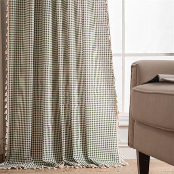 Vintage Plaid Curtain Cotton Blend Gingham Tassel Drape W55 x L96 Inch