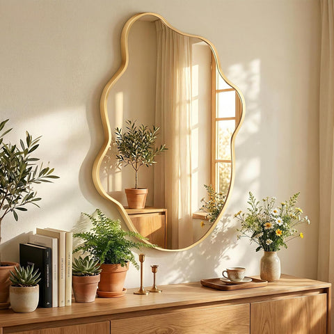 Gold Mirror Irregular Wall Mirror, Asymmetrical Mirror, Irregular Bathroom Mirror, Decorative Wall Mirror, Wavy
