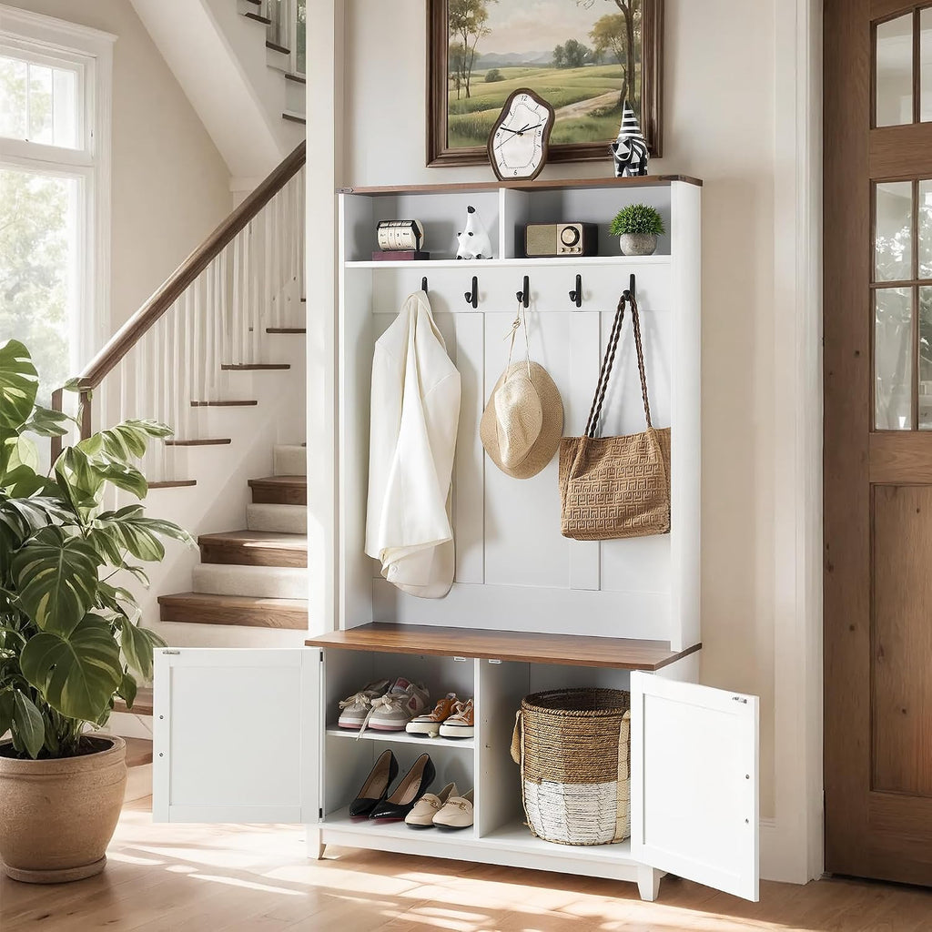 38" Farmhouse Hall Tree with Bench and Shoe Storage, Entryway Bench with Coat Rack, 2 Open Compartments, 5 Coat