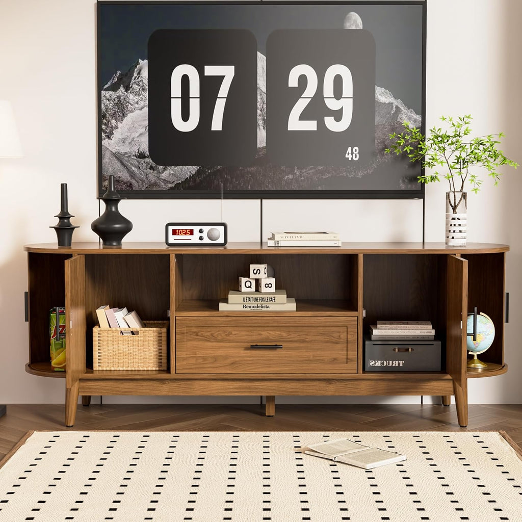63" Fluted TV Stand for Tvs up to 70", Mid-Century Modern Entertainment Center with Drawers and Fluted Doors, Curved