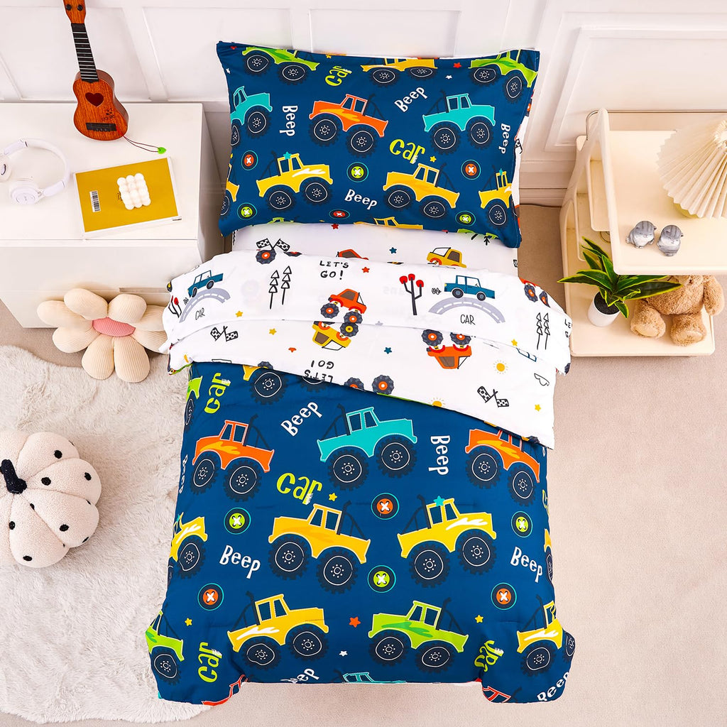 Car Toddler Boy Bedding Set Blue, 4 Pieces