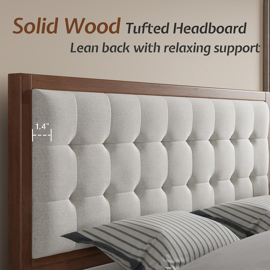 Solid Wood Queen Bed Frame 50.2" Tall Upholstered Headboard, Mid-Century Style, Stable Platform Support, No Box