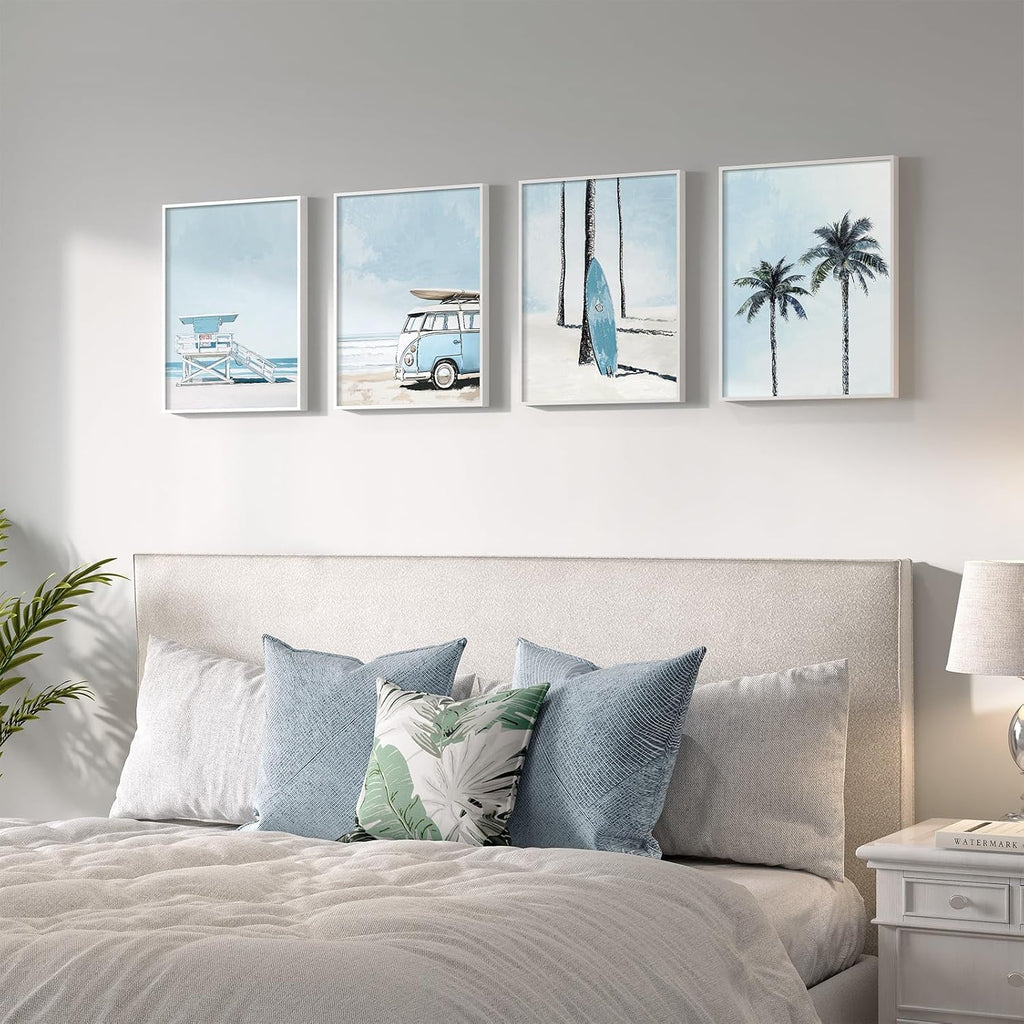 Framed Blue Coastal Beach Wall Art for Room Decor, 4 Piece Beach Ocean Bathroom Canvas Pictures Prints, Palm Tree