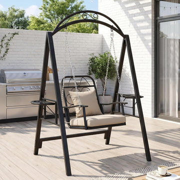 Metal Porch Swing with Stand, 350 LBS Outdoor Patio Porch Swing | Single Outdoor Patio Swing Chair with Heavy-Duty